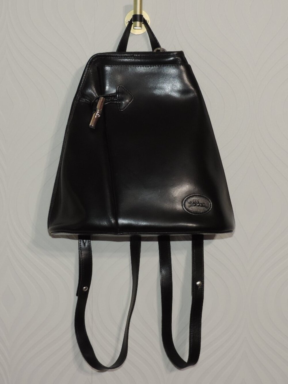 LONGCHAMP Black Leather Le Roseau Backpack Vintage Exc Cond w/Bamboo toggle